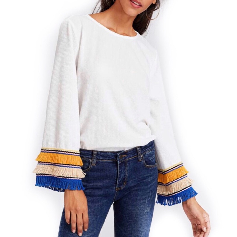 SHEIN Fringe Bell Sleeve Textured Blouse sz L